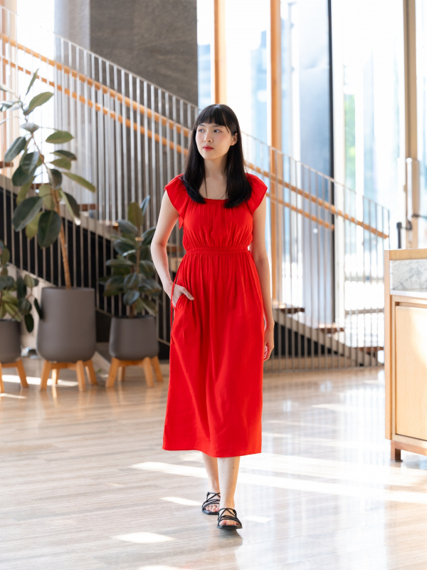 CHECK STYLING IDEAS FOR GATHERED BACK OPEN SHORT SLEEVE DRESS NARROW STRAP SANDALS UNIQLO ID