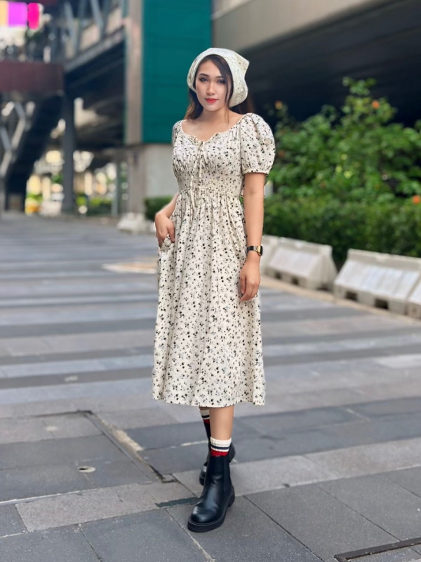 uniqlo crochet dress An outfit using Printed Volume Sleeve Dress and Crochet Hat｜UNIQLO SG