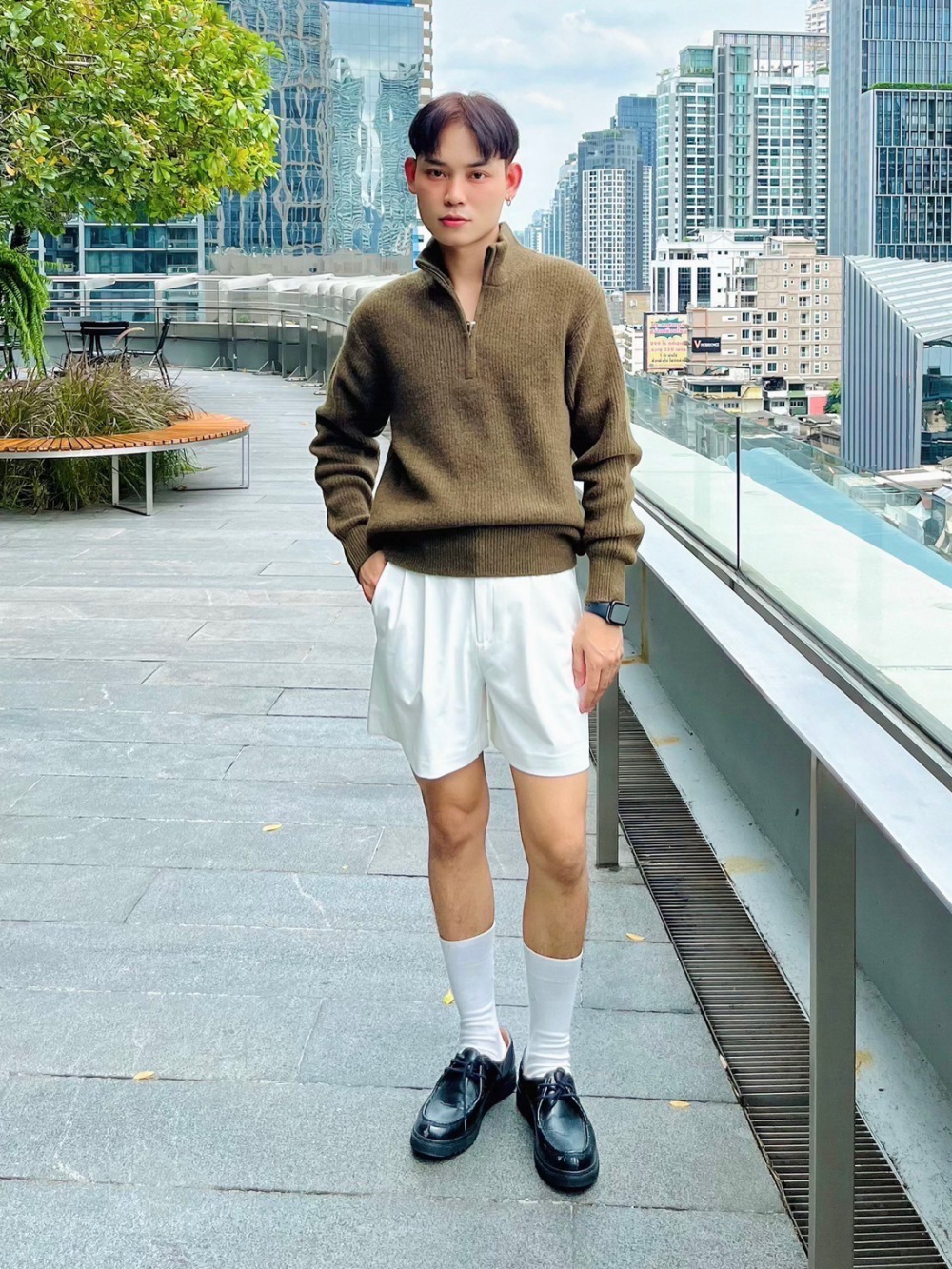 Check styling ideas for Souffle Yarn Half Zip Sweater Broadcloth Shirt Long Sleeve UNIQLO IN