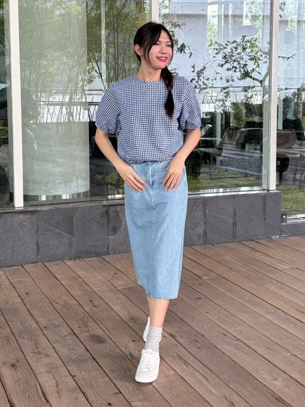 WOMEN'S SEERSUCKER VOLUME BLOUSE SHORT SLEEVE GINGHAM