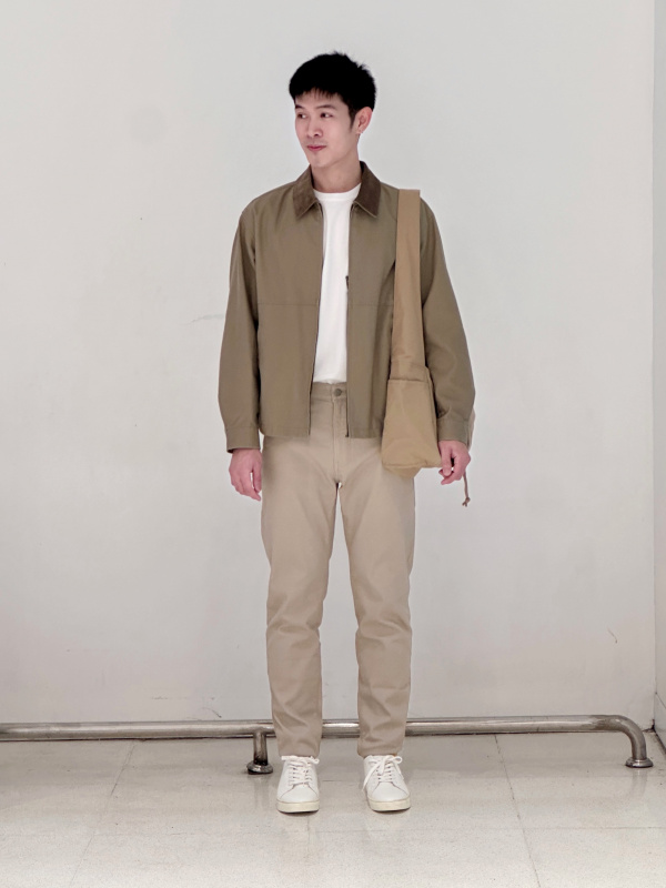 An outfit using Zip Up Short Blouson Brushed Lined and Supima