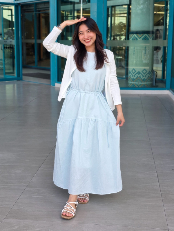 light blue dress with cardigan An outfit using Linen Blend Tiered and Pointelle Cardigan｜UNIQLO US 95%Polyester BALL GOWN Express Dresses Long Sleeve Size:38