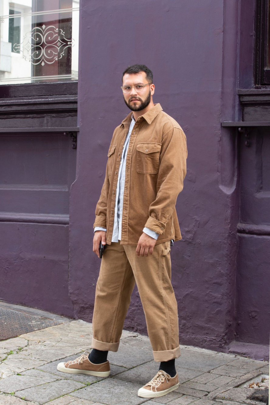 White Crew-neck T-shirt with Beige Corduroy Pants Outfits For Men