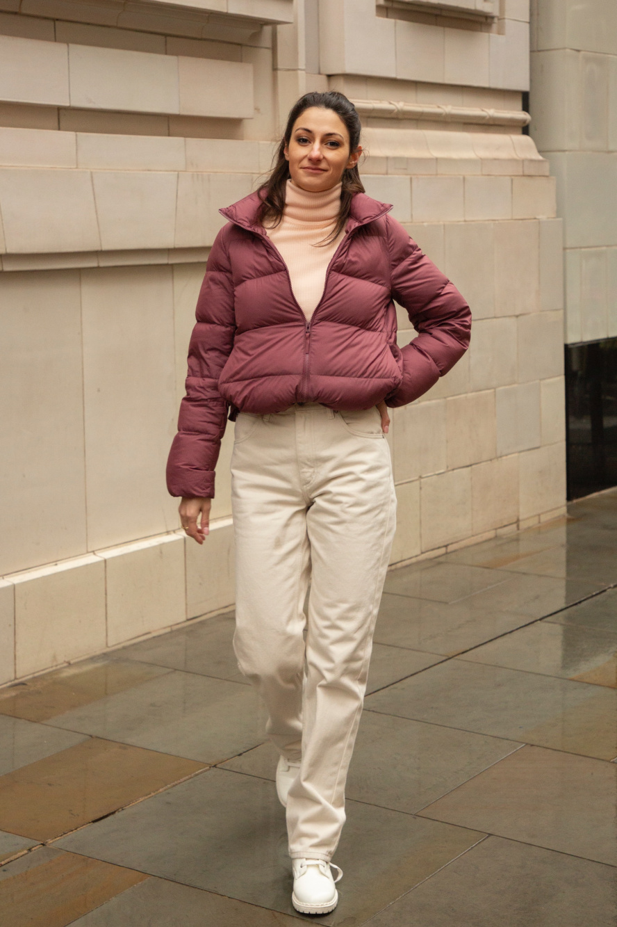 Check styling ideas for「Ultra Light Down Short Puffer Jacket