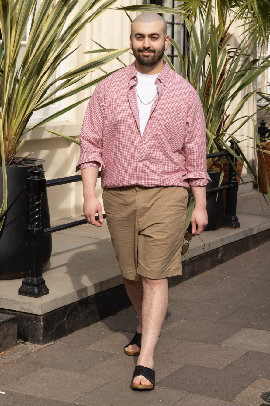 Pink shirt sale khaki shorts