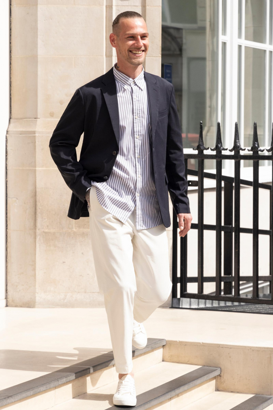 Check styling ideas for「Chambray Long-Sleeve Work Shirt、Smart Ankle Pants  (2-Way Stretch Cotton)」