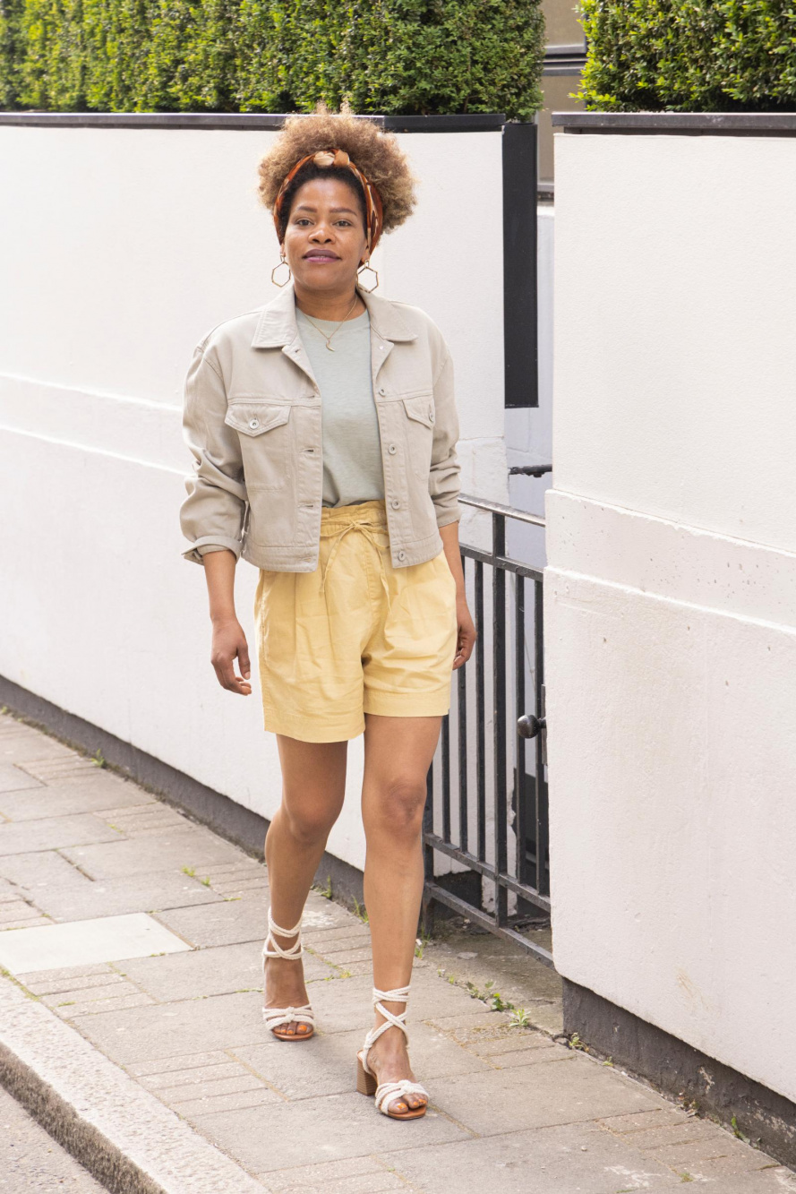 Uniqlo yellow Linen gingham shirt-Uniqlo olive paperbag shorts