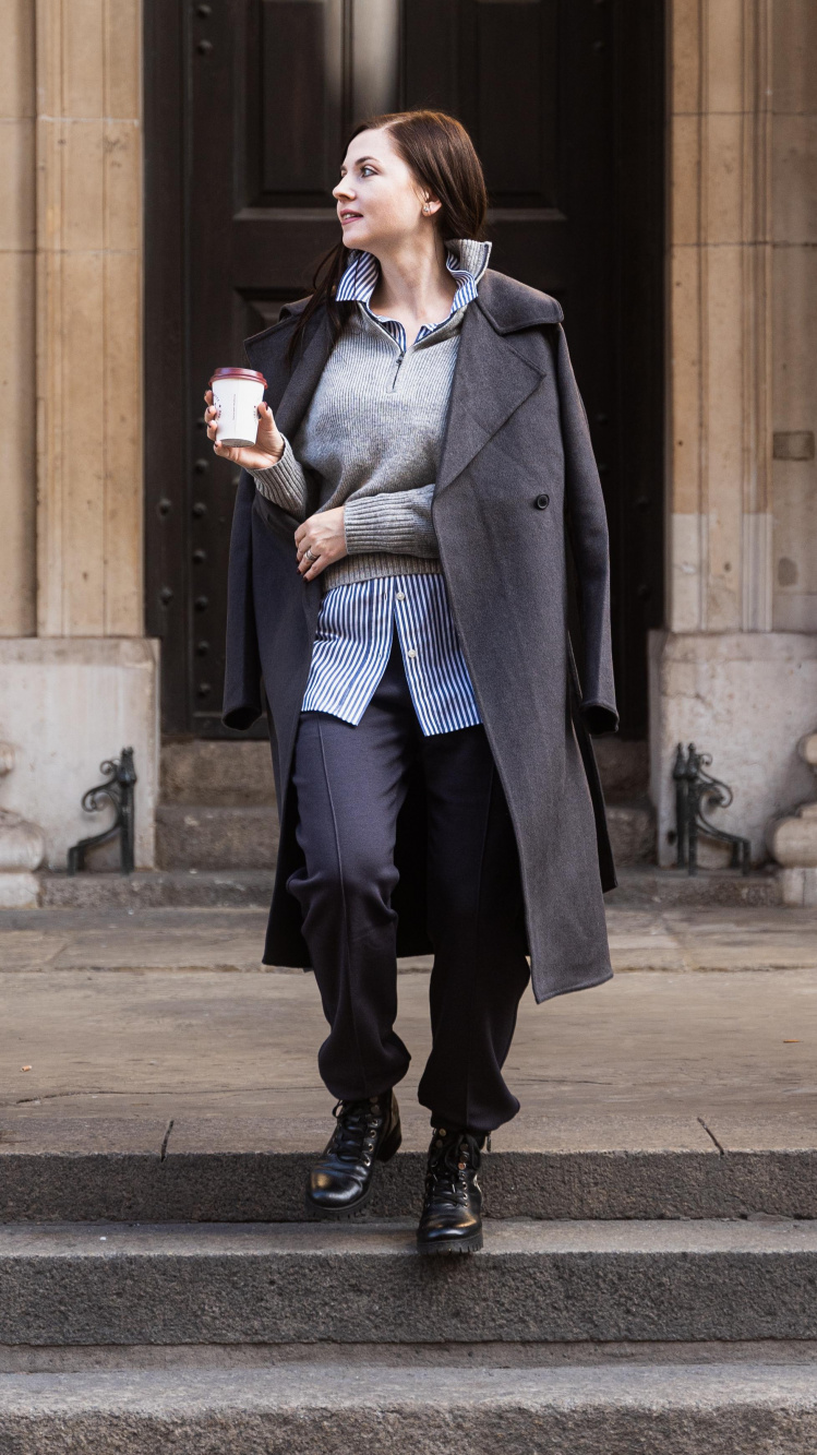 Grey coat with online jeans