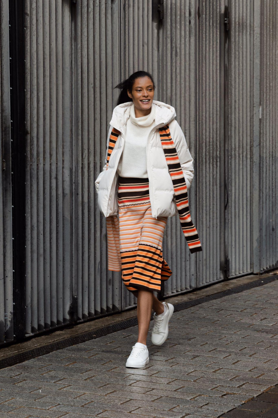 Check styling ideas for「MARNI MERINO BLEND STRIPED KNITTED SKIRT、NYLON  CROSSBODY FANNY PACK」