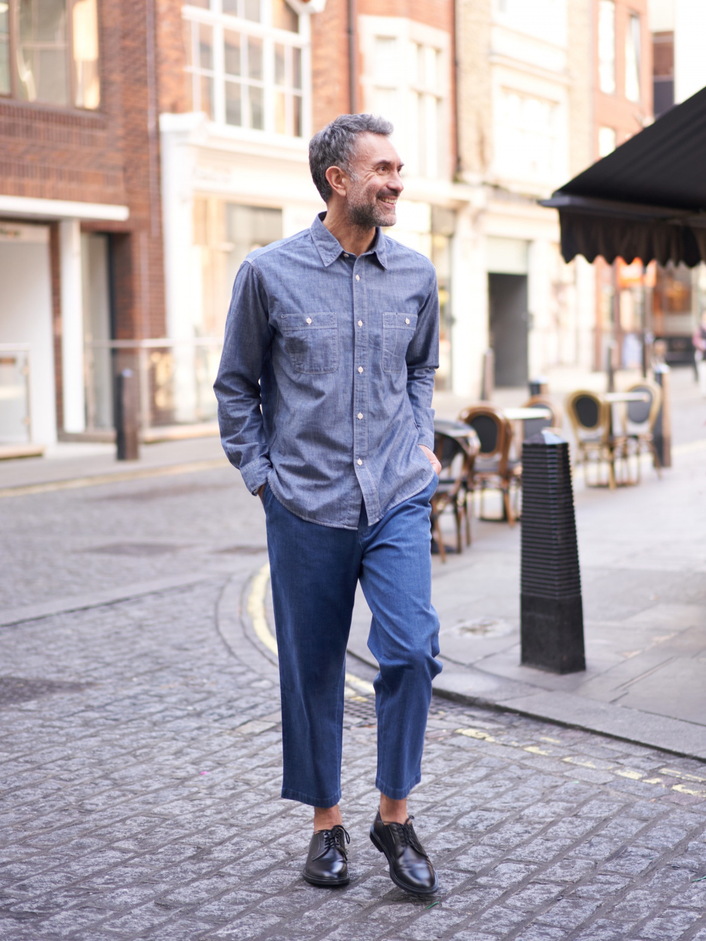 Check styling ideas for「Chambray Work Long-Sleeve Shirt、Cotton