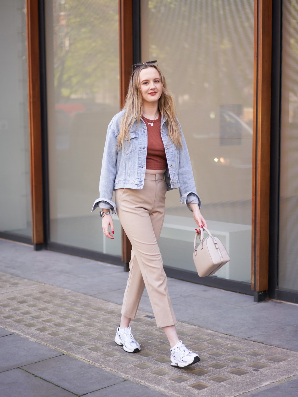 Beige Jacket with White Trousers and Sneakers