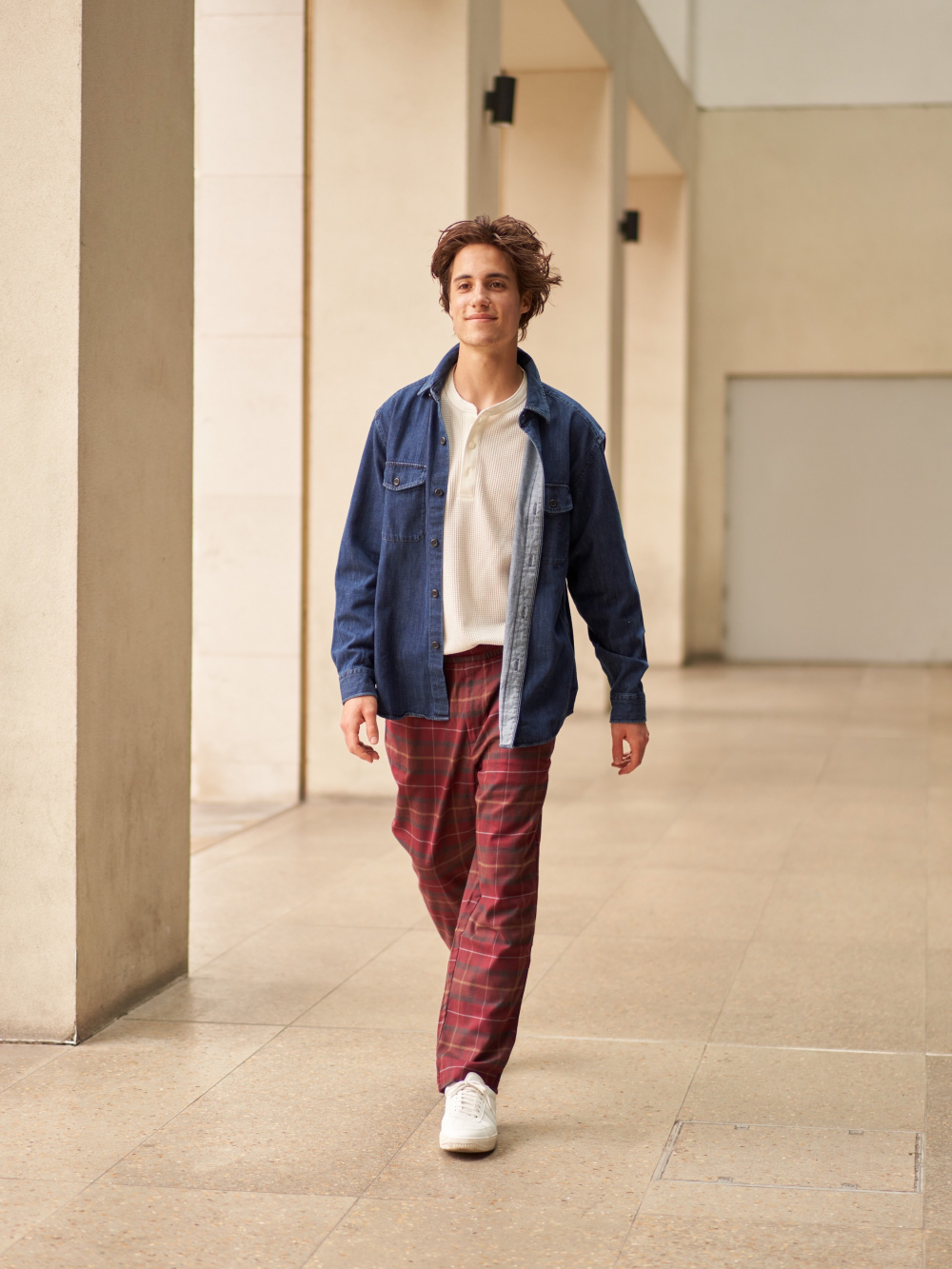 Check styling ideas for「Waffle Henley Neck Long Sleeved T