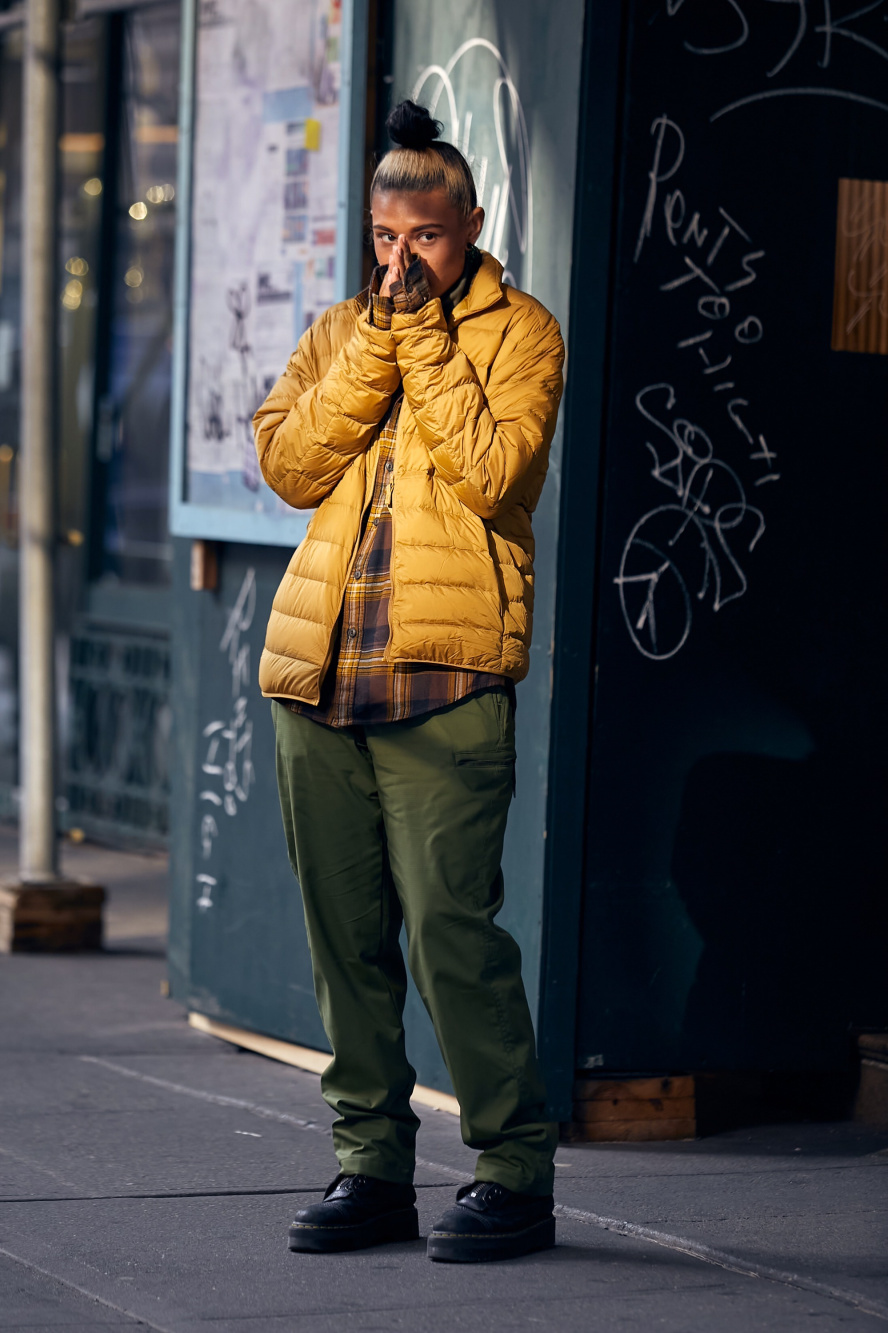 Yellow puffer store jacket outfit