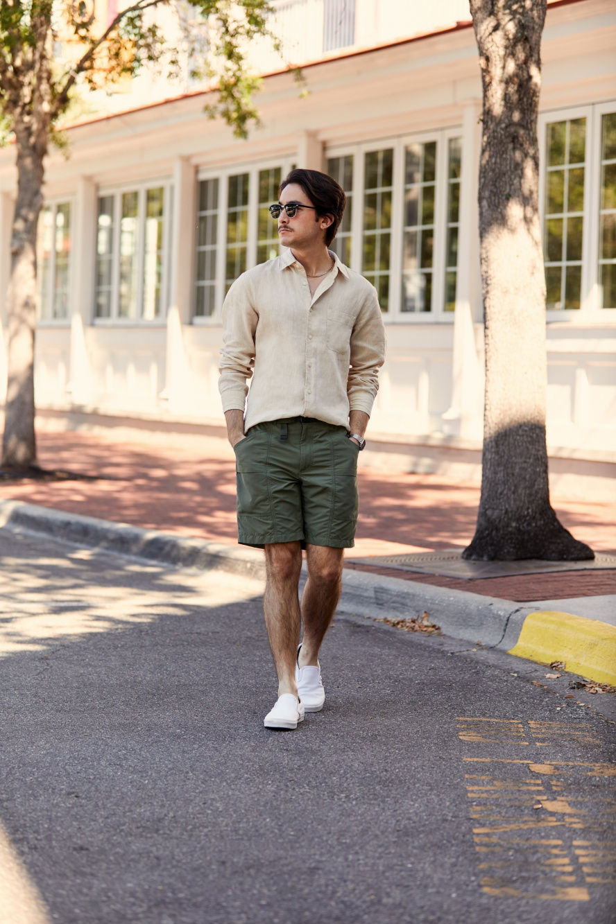 Check styling ideas for「Premium Linen Long-Sleeve Shirt、Nylon