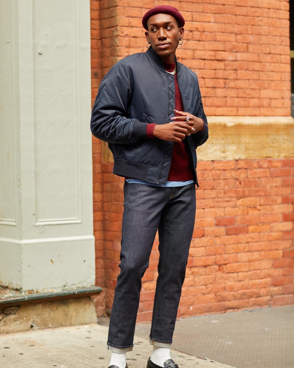 Check styling ideas for「Extra Fine Merino Knitted Long-Sleeve Polo  Shirt、MA-1 Blouson」