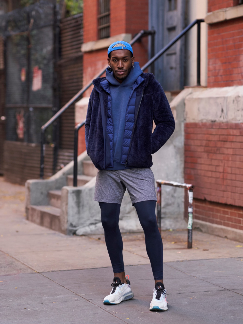 Vest Striped Shirt Leggings Sneakers and Scarf Outfit front 2