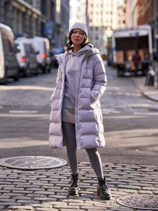 Check styling ideas for「Seamless Down Long Coat、Extra Fine Merino Blend  Mock Neck Tunic」