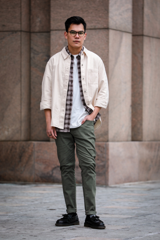 Check styling ideas for「Denim Trucker Jacket、Chino Shorts (9