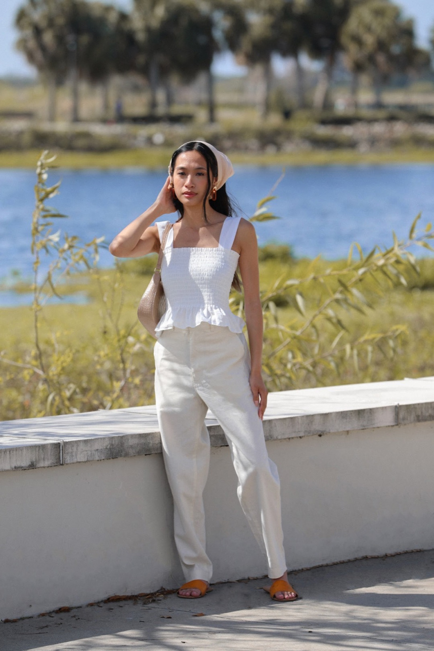 Check styling ideas for「Ribbed Cropped Sleeveless Bra Top、Linen-Cotton  Tapered Pants」