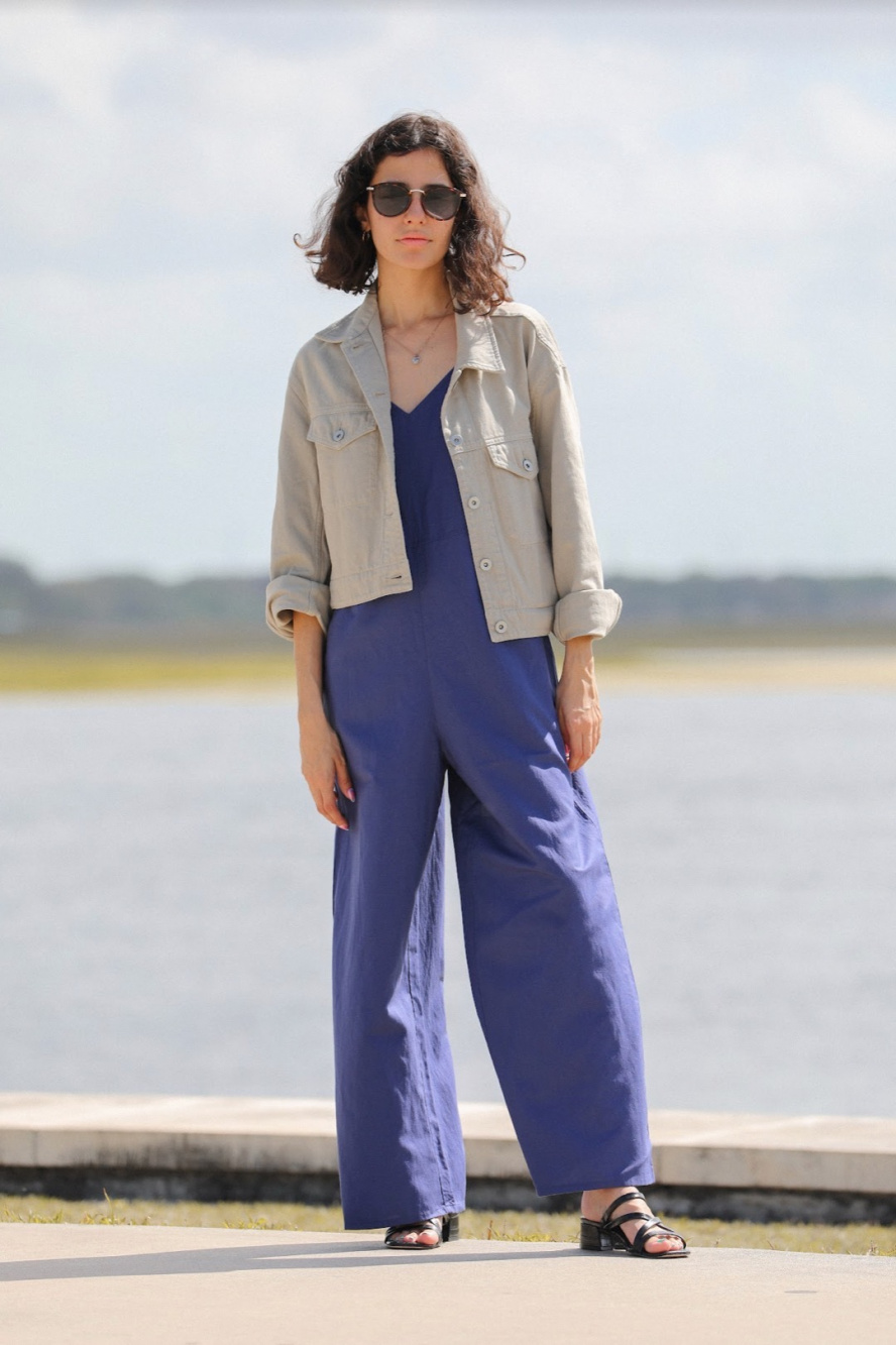 Check styling ideas for「LINEN BLEND CAMISOLE JUMPSUIT、DRAPE CREW