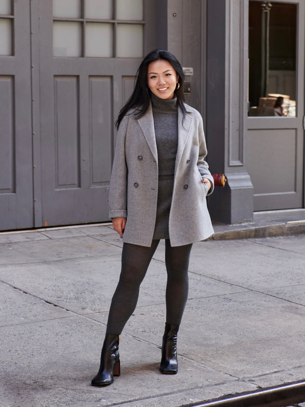 LOFT snow leopard coat, gray tunic turtleneck with flounce mini