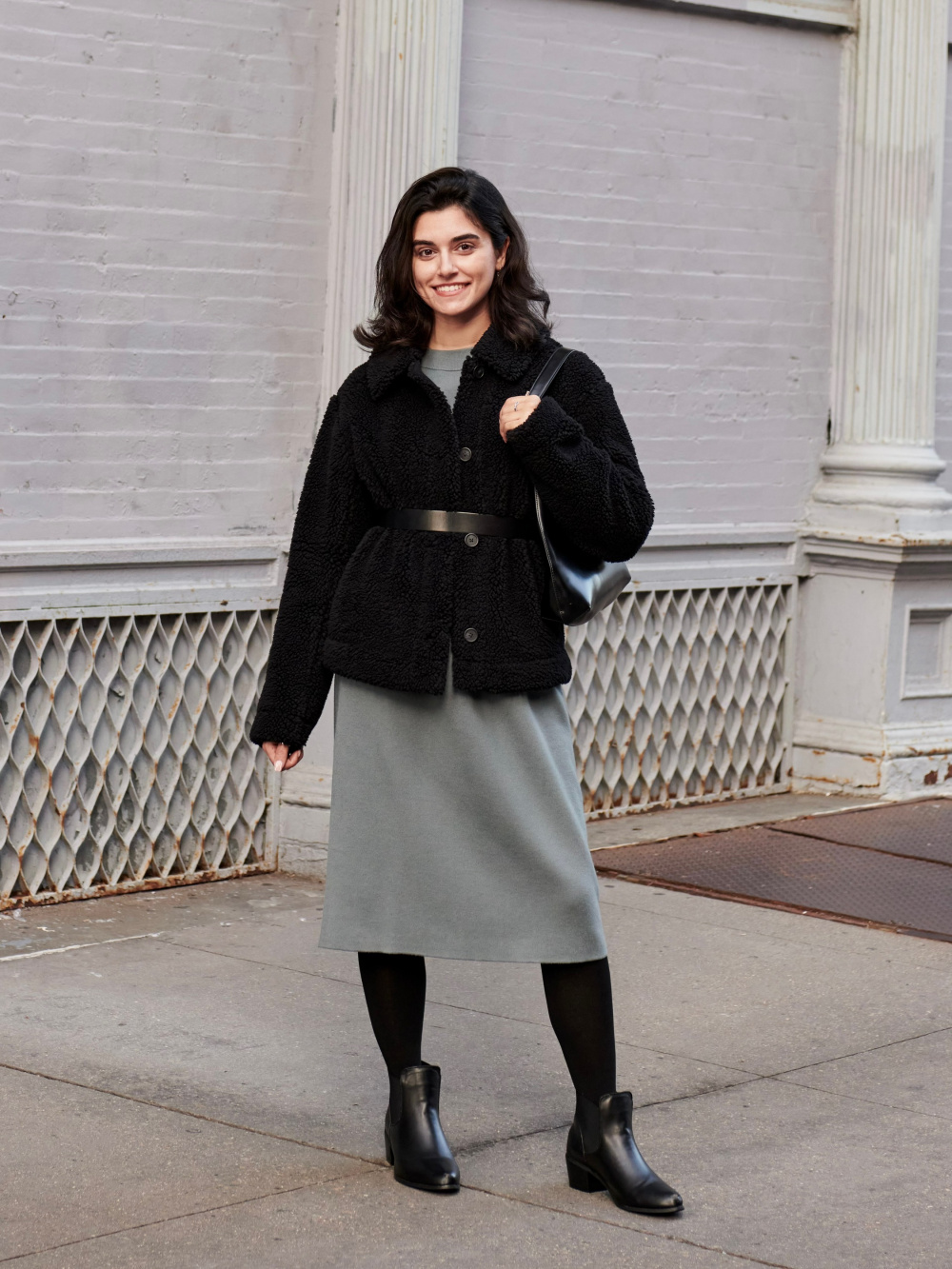 Check styling ideas for「Pile-Lined Fleece Jacket、Souffle Yarn Long-Sleeve  Dress」