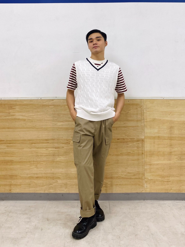 Check styling ideas for「Cable V-Neck Knitted Vest、Washed Jersey Ankle  Pants」